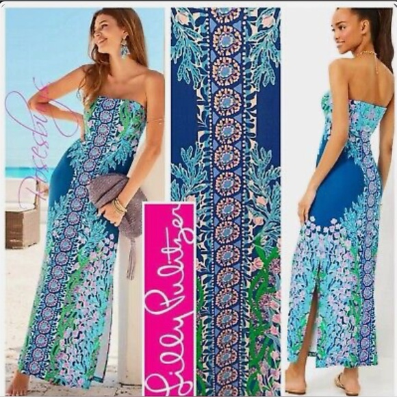 Lilly Pulitzer Noa Strapless Maxi Dress in Barton Blue Secret Escape - Picture 2 of 2